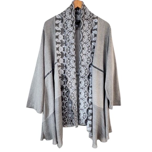 Ali Miles Lace Collar Open Front Cardigan Sweater 1X Gray Artsy Lagenlook Flowy - Picture 1 of 11